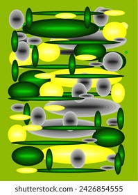 Abstract round and flat shapes Background vector design in green, lime, yellow and shades of grey colors with overlapping layers