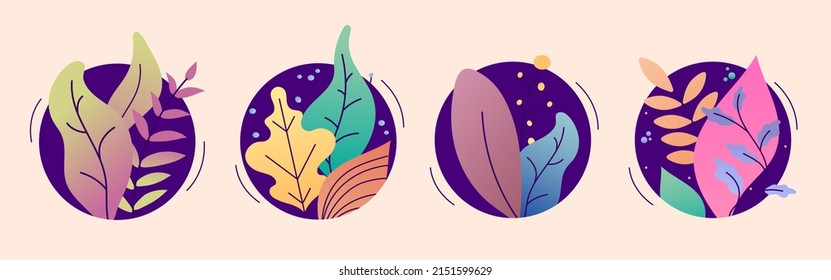 Abstract round floral composition. Flowers and leaves, branches with petals in circles. Trendy bright colors natural vector labels design