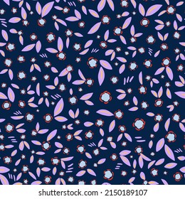 Abstract round floral elements with leaves seamless repeat pattern. Random placed, vector botanical elements all over surface print on dark blue background.