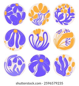 Abstract round floral icons set. Hand-drawn botanical elements with organic shapes and modern aesthetics for stickers, highlights, logo, packaging, social media, prints,decorative designs. Vector 