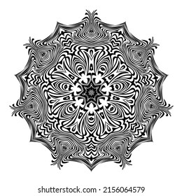 Abstract round floral pattern made in several lines. Mandala. Optical illusion, zebra pattern. Vector illustration in black, isolated on a white background. The author's drawing.