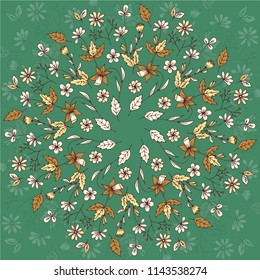 Abstract round floral pattern, vector illustration with garden flowers on green background in warm tones