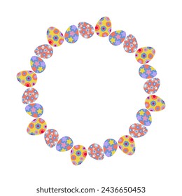 Abstract round frame border of painted Easter Eggs and flowering twigs. Copy space. Easter greetings