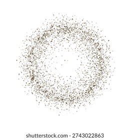 Abstract round frame of brown particles of dust, dirt, paint, powder, or glitter. Textured grain with an overlay effect. Grunge style. Pollution, spray, splashes. Vector. Isolated background.