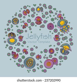 Abstract round frame with cartoon jellyfish. Place for text. Can be used as postcard,  illustration