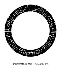 Abstract round frame, circular geometric ornament made of stones. Decorative pattern isolated on white background. Place for text. Vector monochrome illustration for invitations, greeting cards.