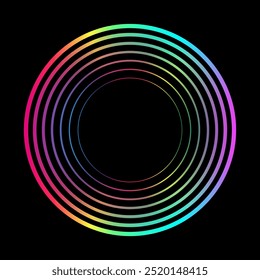 Abstract round frame colorful rainbow spectrum colors isolated on black background with copy space. Vector circles lines pattern design template in concept of sound, music, equalizer, AI, technology