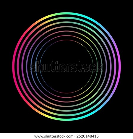 Abstract round frame colorful rainbow spectrum colors isolated on black background with copy space. Vector circles lines pattern design template in concept of sound, music, equalizer, AI, technology