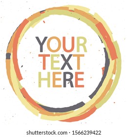 Abstract round frame with copy space. Shapes with jagged curved edges and paint drops. Green, red, orange and gray colors. Editable frame for banners, magazine articles, cards, posts, sites.