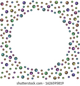 Abstract round frame with different grunge effect circles. White background with colorful gradient polka dots border. Template design for invitation, poster, card, flyer, banner. Copy space.