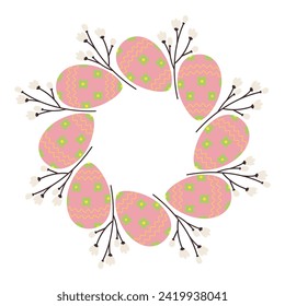 Abstract round frame of Easter Eggs and flowering branch in trendy soft hues. Easter greetings idea