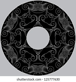 Abstract round frame. Filigree lace pattern. Black, white and gray.