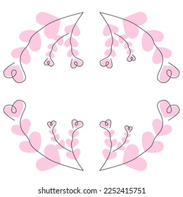 Abstract round frame of hearts in one line in trendy pale pink shades. Template for lettering