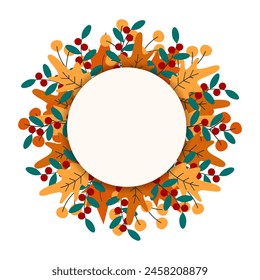 Abstract round frame of leaves and berry sprigs with copy space in trendy autumn shades Template