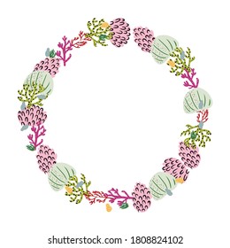 Abstract round frame made of flowers, corals and branches. Marine plants. Vector Floral wreath.