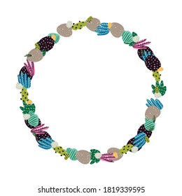 Abstract round frame made of flowers, corals and branches. Marine plants. Vector Floral wreath.
