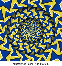 Abstract round frame with a moving blue yellow bow shapes pattern. Optical illusion hypnotic background.