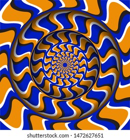 Abstract round frame with a moving blue orange hooks shapes pattern. Optical illusion hypnotic background.