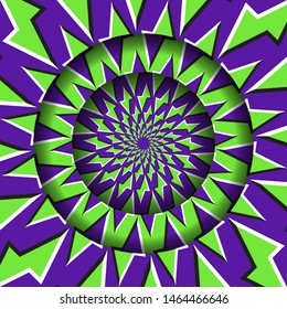 Abstract round frame with a moving green purple polygons pattern. Optical illusion hypnotic background.