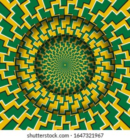 Abstract round frame with a moving green yellow zigzag shapes pattern. Optical illusion hypnotic background.