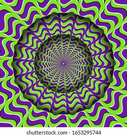 Abstract round frame with a moving green purple wavy quadrangles pattern. Optical illusion hypnotic background.