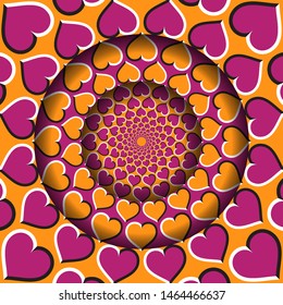 Abstract round frame with a moving orange pink hearts pattern. Optical illusion hypnotic background.