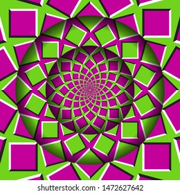 Abstract round frame with a moving pink green squares pattern. Optical illusion hypnotic background.