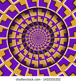Abstract round frame with a moving purple orange arrows pattern. Optical illusion hypnotic background.