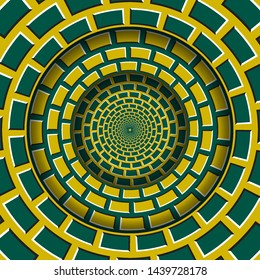 Abstract round frame with a moving yellow green brickwork pattern. Optical illusion hypnotic background.