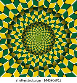 Abstract round frame with a moving yellow green rhombuses pattern. Optical illusion hypnotic background.