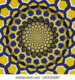 Abstrakter runder Rahmen mit einem sich bewegenden gelben, blauen Hexagonmuster. Optische Illusion hypnotischer Hintergrund.