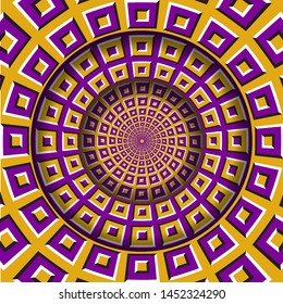 Abstract round frame with a moving yellow purple squares pattern. Optical illusion hypnotic background.