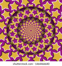 Abstract round frame with a moving yellow pink starry pattern. Optical illusion hypnotic background.