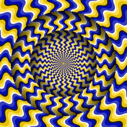 Abstract Round Frame With A Rotating Blue Yellow Wavy Pattern. Optical Illusion Hypnotic Background.
