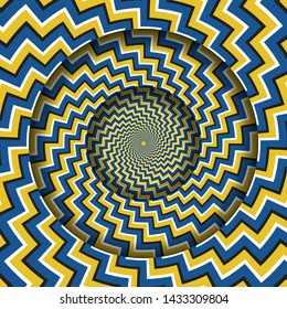 Abstract round frame with rotating blue yellow zigzag stripes pattern. Optical illusion hypnotic background.