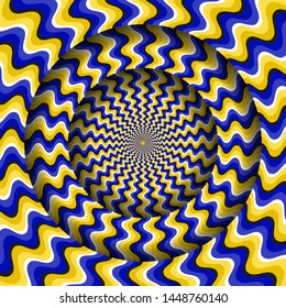 Abstract round frame with a rotating blue yellow wavy pattern. Optical illusion hypnotic background.