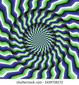 Abstract round frame with a rotating green blue stripes pattern. Optical illusion hypnotic background.