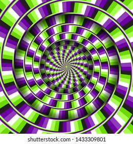 Abstract round frame with a rotating purple green broken stripes pattern. Optical illusion hypnotic background.