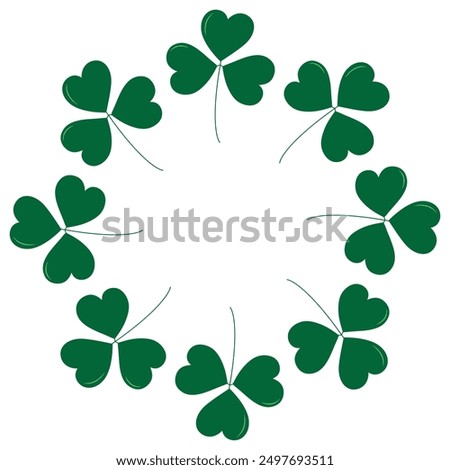 Abstract round frame of shamrocks in trendy green. Monochrome Copyspace. Greetings design concept