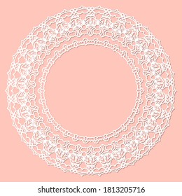 Resumen del marco redondo con remolinos, ornamento vectorial, marco vintage. Marco blanco con encaje para corte de papel o madera. Ornamento Doily. Decoración redonda.