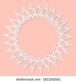 Abstract round frame with swirls, vector ornament, vintage frame. White frame with lace for paper or wood cutting. Doily ornament. Round decor pattern.