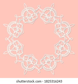 Abstract round frame with swirls, vector ornament, vintage frame. White frame with lace for paper or wood cutting. Doily ornament. Round decor pattern.