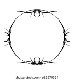 Abstract round frame or vignette with stylized floral motifs. Isolated black on white.