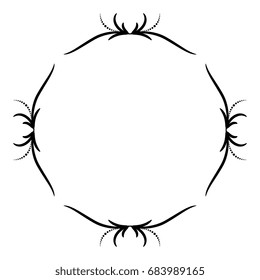 Abstract round frame or vignette with stylized floral motifs. Isolated black on white.