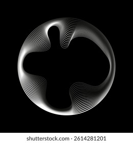 Abstract round frame with wavy black and white gradient lines isolated on dark background with copy space. Vector illustration soul geometry abstraction