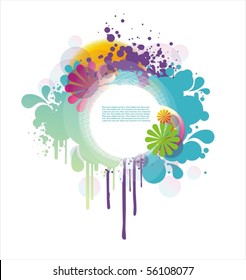 Abstract round frame for your text with colored blots, flowers and imitation of transparency
