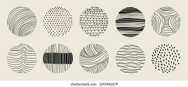 Abstract round geometric decor. Wavy lines and dots ornament textural decoration for social online pages with minimalistic vector design.