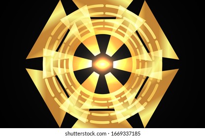 Abstract round golden digital technology style. Luxury concept gear tech element with shine light on dark background.  Vector design can use element wallpaper, presenration
