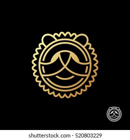 Abstract round head of a lion from the thick lines, logo template. Golden sticker on a black background. Creative and modern symbol for pet stores, business companies, zoos and nature reserves.