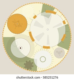 Abstract round high-tech mandala with circles. Transparent fill up screen and monitor. Props for filming. Ochre central sight of wheels. Subtle mechanical gears on white. Master vector.
